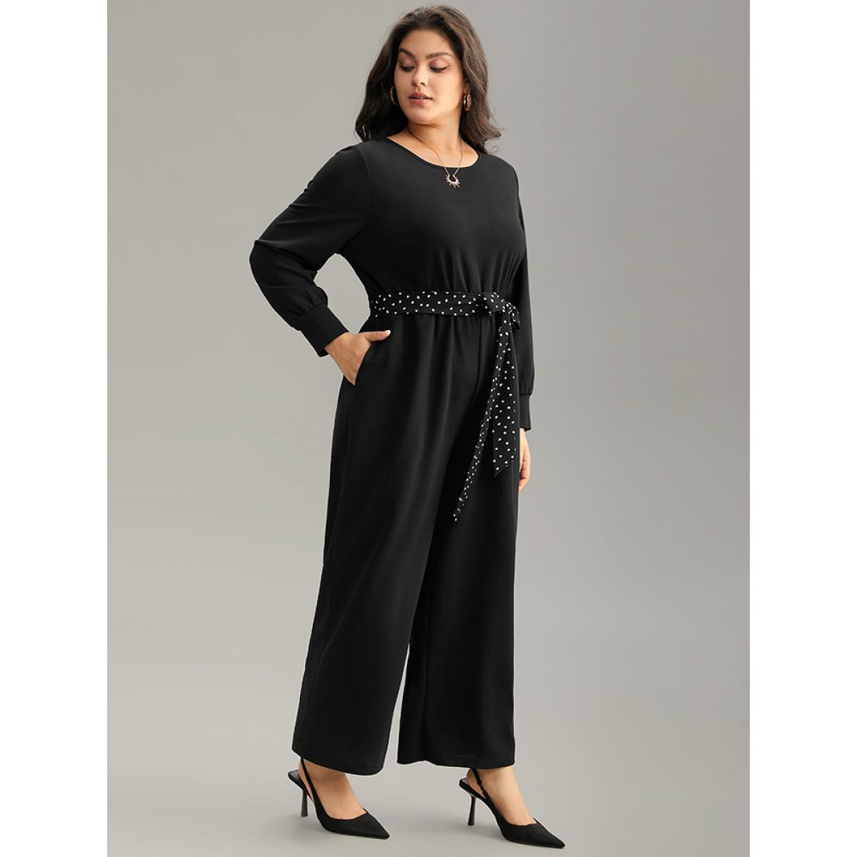 Plus Size Black Polka Dot Belted Pocket Elastic Waist Jumpsuit Women Casual Long Sleeve Round Neck Everyday Loose Jumpsuits BloomChic 14-16/1X Product Image