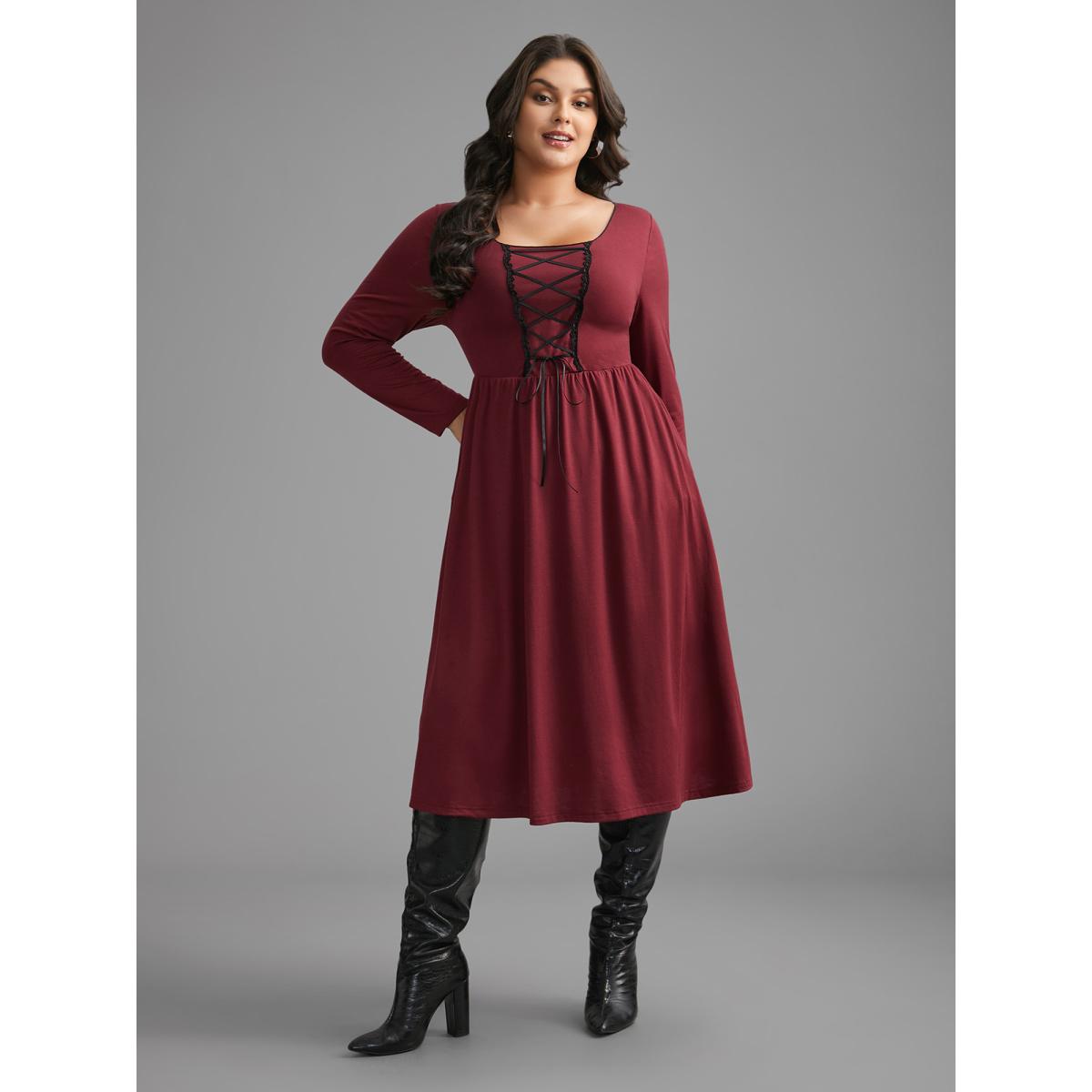 Plus Size Square Neck Lace Panel Lace Up Dress Burgundy Women Elegant Woven ribbon&lace trim Square Neck Long Sleeve Curvy BloomChic 22-24/3X Product Image