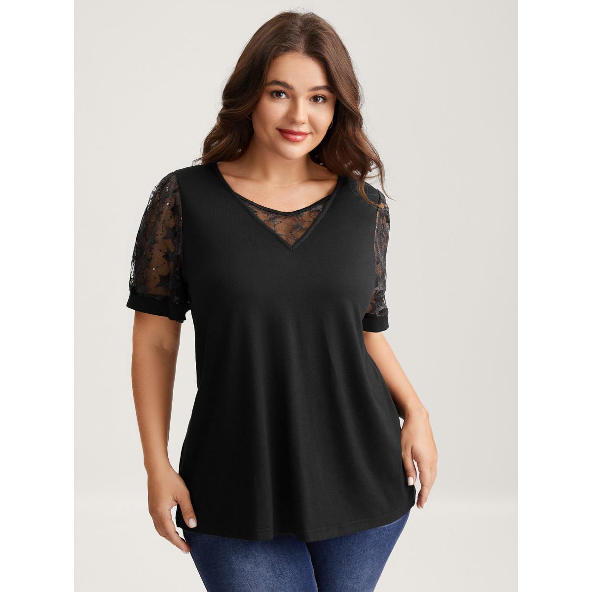 Plus Size Beaded Mesh Sheer Patchwork T-Shirt Black Women Gathered V-neck Everyday-Elegant T-shirts BloomChic 14-16/1X Product Image