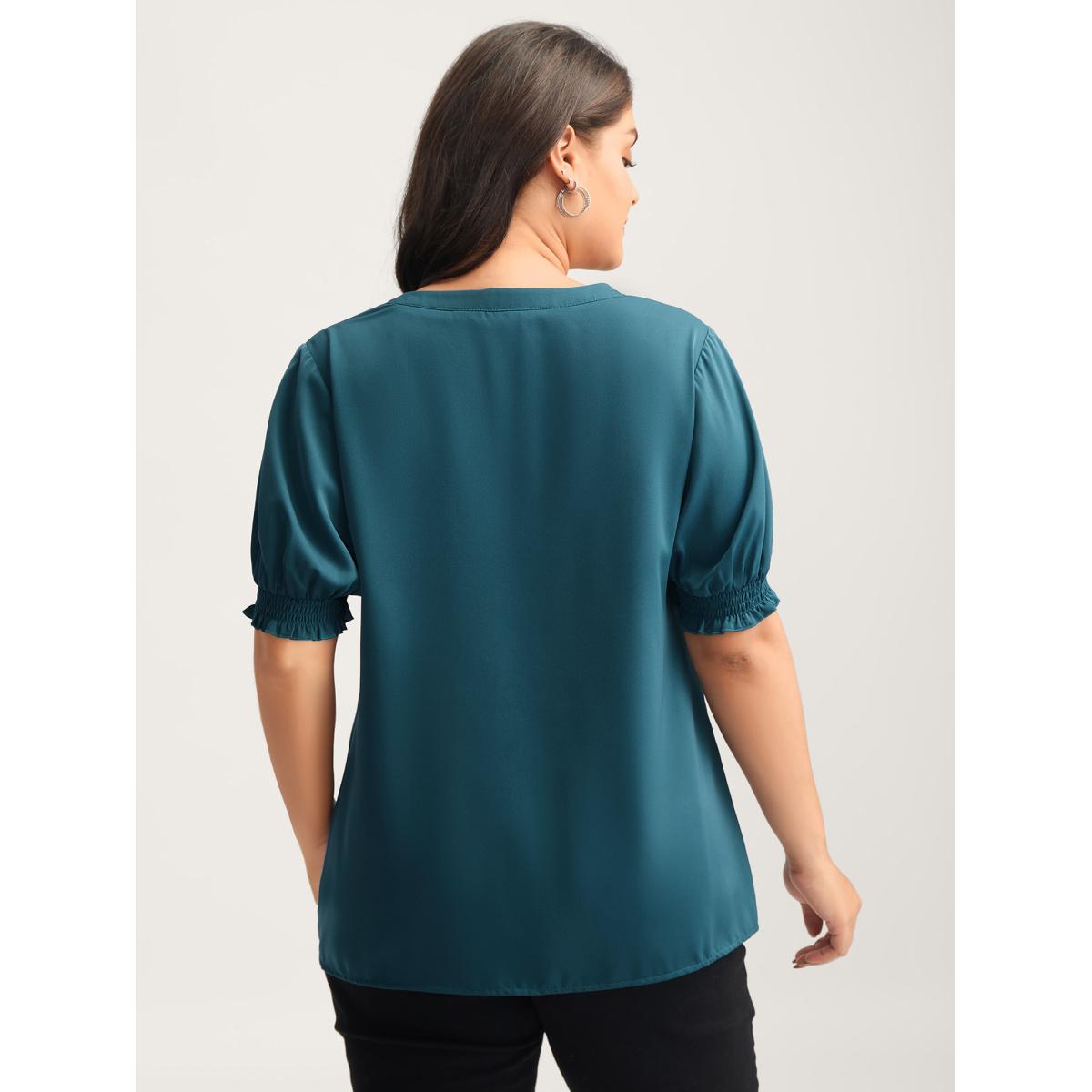 Plus Size Aegean Shirred Puffy Sleeve Solid Blouse Women Short sleeve Flat collar with V-notch Work Blouses BloomChic 30/6X Product Image