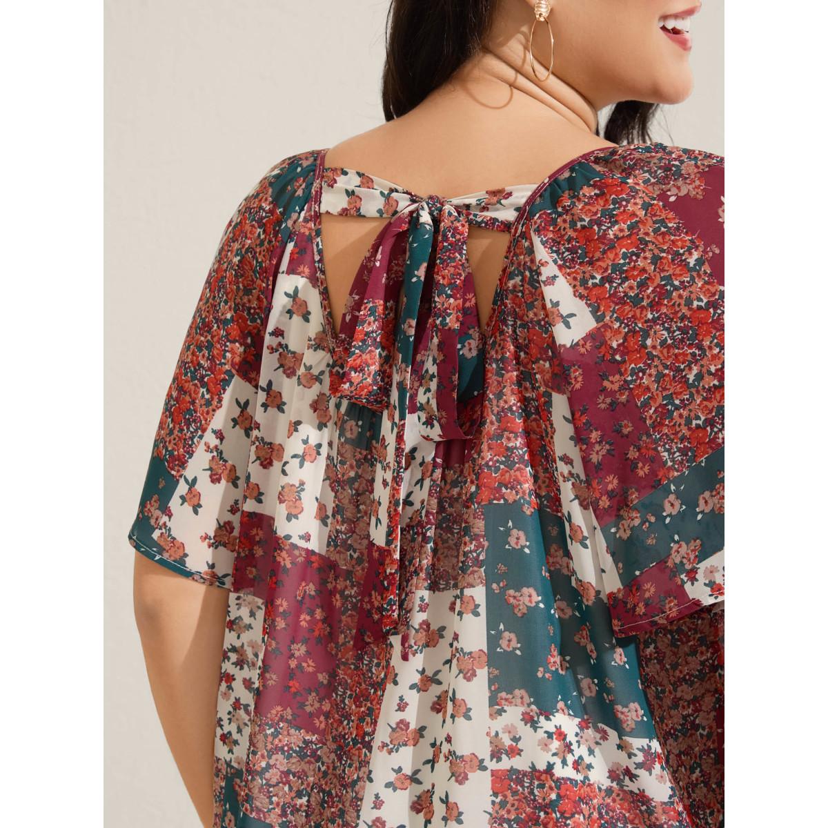 Plus Size Multicolor Boho Collage Print Backless Tie Blouse Women Boho Short sleeve Round Neck Vacation Blouses BloomChic 14-16/1X Product Image