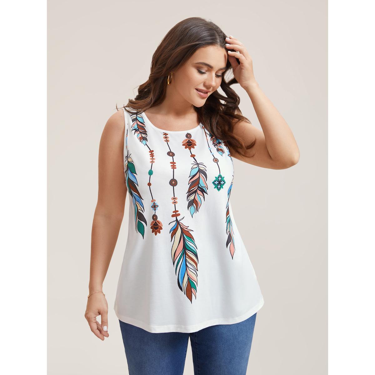 Plus Size Multi-Color Feather Print Stretchy Vest Women Opticwhite Casual Non Round Neck Everyday Tank Tops Camis BloomChic 10/M Product Image