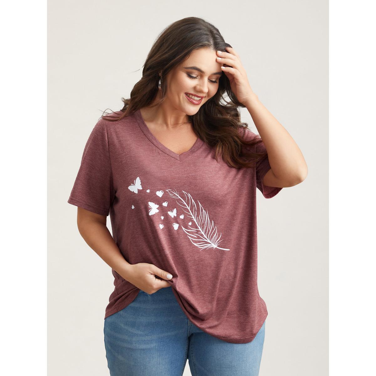 Plus Size Feather Print V-Neck Fitted T-Shirt Scarlet Women Leisure Non Butterfly V-neck Casual T-shirts BloomChic 12/L Product Image