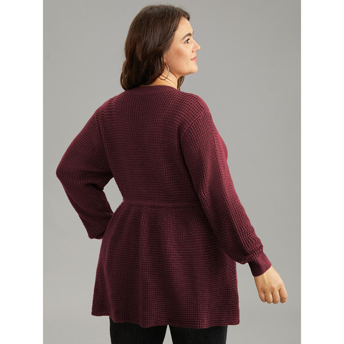 Plus Size Solid Drawstring Curved Hem Knit Pullover Burgundy Women Casual Long Sleeve V-neck Everyday Pullovers BloomChic 22-24/3X Product Image