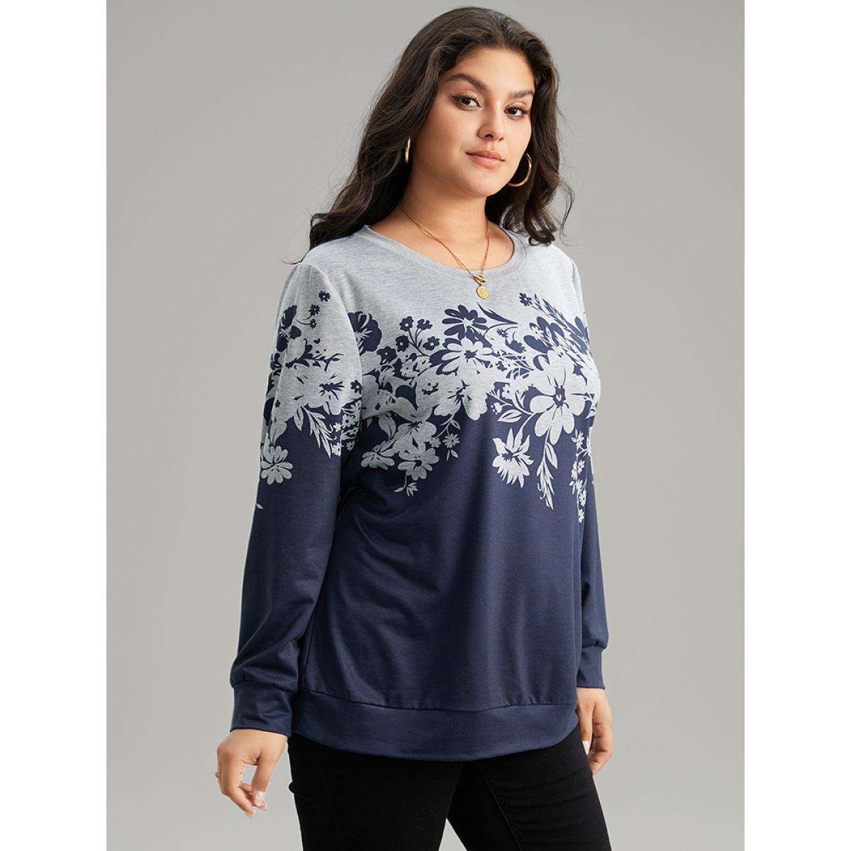 Plus Size Silhouette Floral Print Contrast Round Neck Sweatshirt Women Indigo Casual Contrast Round Neck Dailywear Sweatshirts BloomChic 12/L Product Image