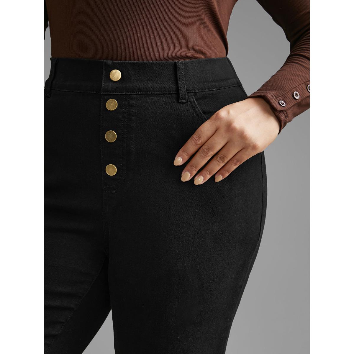 Plus Size Black Wash Buckle Detail Bootcut Jeans Women Denimblack Elegant Button Medium stretch Slanted pocket Jeans BloomChic 24/3X Product Image