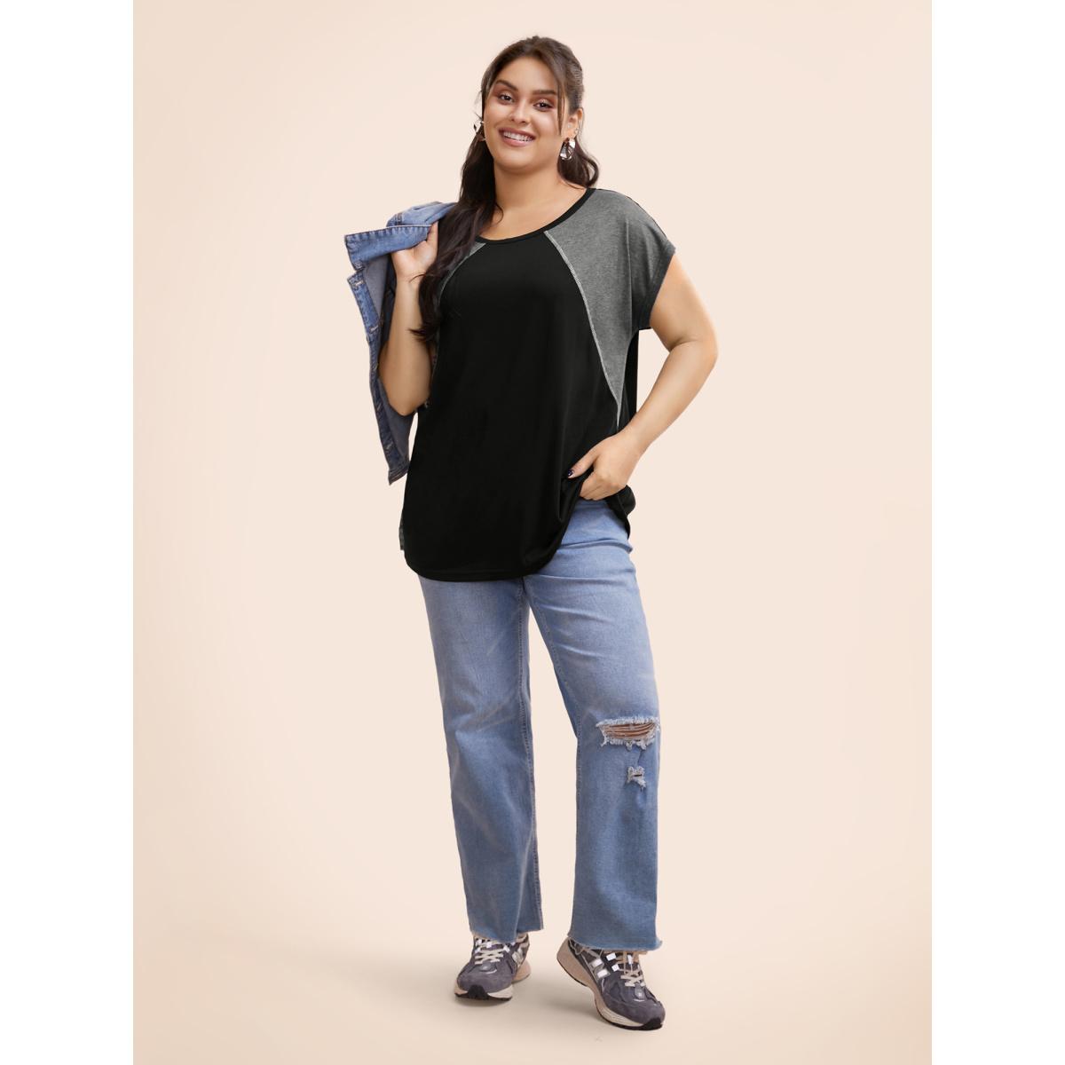 Plus Size Color Block Contrast Binding Batwing Sleeve T-shirt Black Women Casual Contrast Colorblock Round Neck Everyday T-shirts BloomChic 12/L Product Image