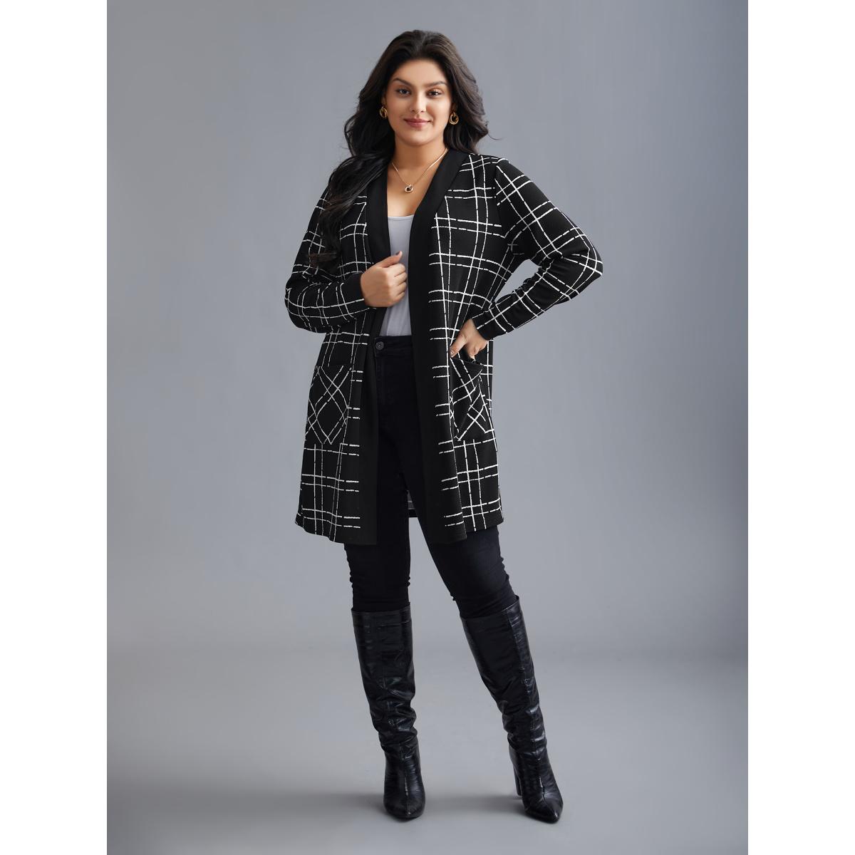 Plus Size Plaid Open Front Patchwork Jacket Women Black Contrast Loose Patch pocket Everyday Jackets BloomChic 22-24/3X Product Image