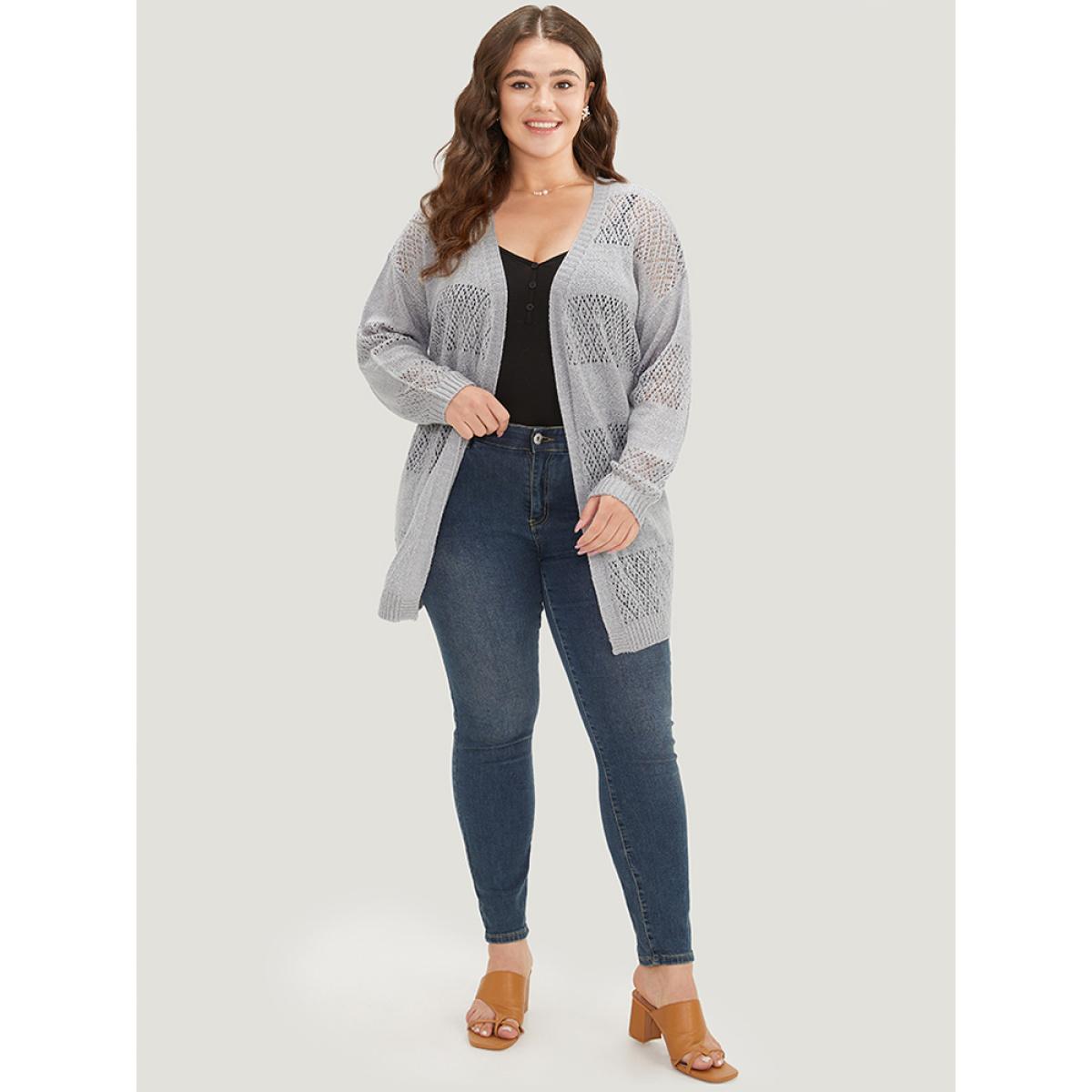 Plus Size Plain Geometric Eyelet Open Front Cardigan DarkGray Women Basics Loose Long Sleeve Everyday Cardigans BloomChic 18-20/2X Product Image