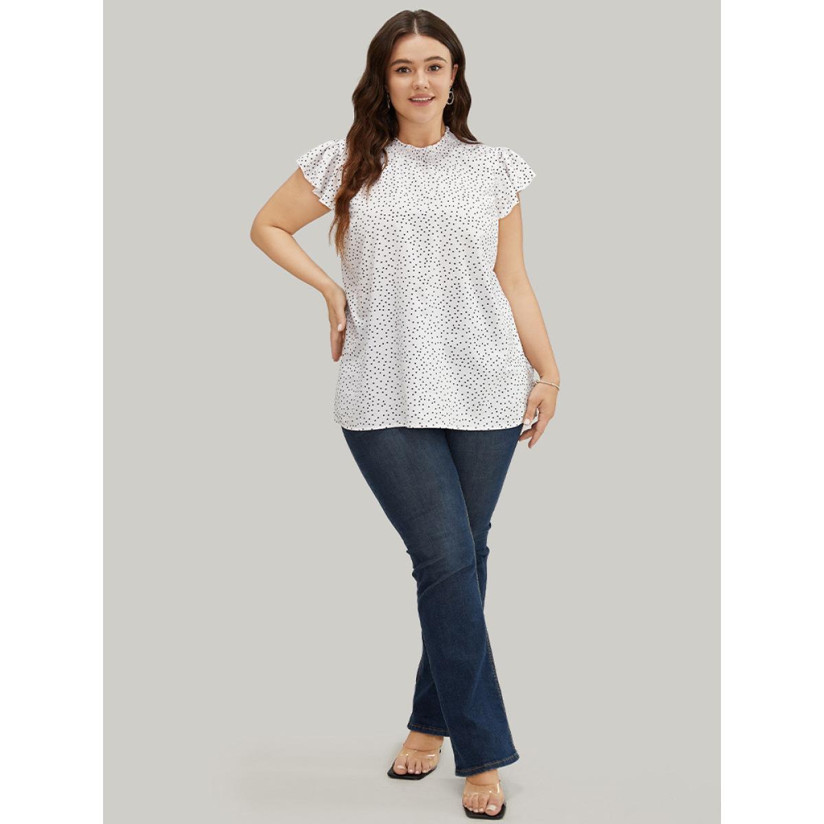 Plus Size White Polka Dot Shirred Mock Neck Cap Sleeve Blouse Women Elegant Cap Sleeve Mock Neck Everyday Blouses BloomChic 22-24/3X Product Image