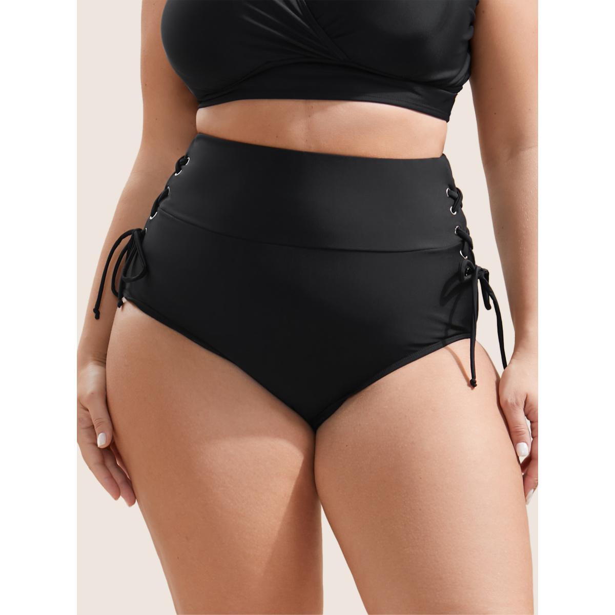 Plus Size Plain Lace Up Side Skinny Swim Bottom Women's Swimwear Black Beach Non High stretch Skinny High Rise Curve Swim Bottoms BloomChic 12/L Product Image