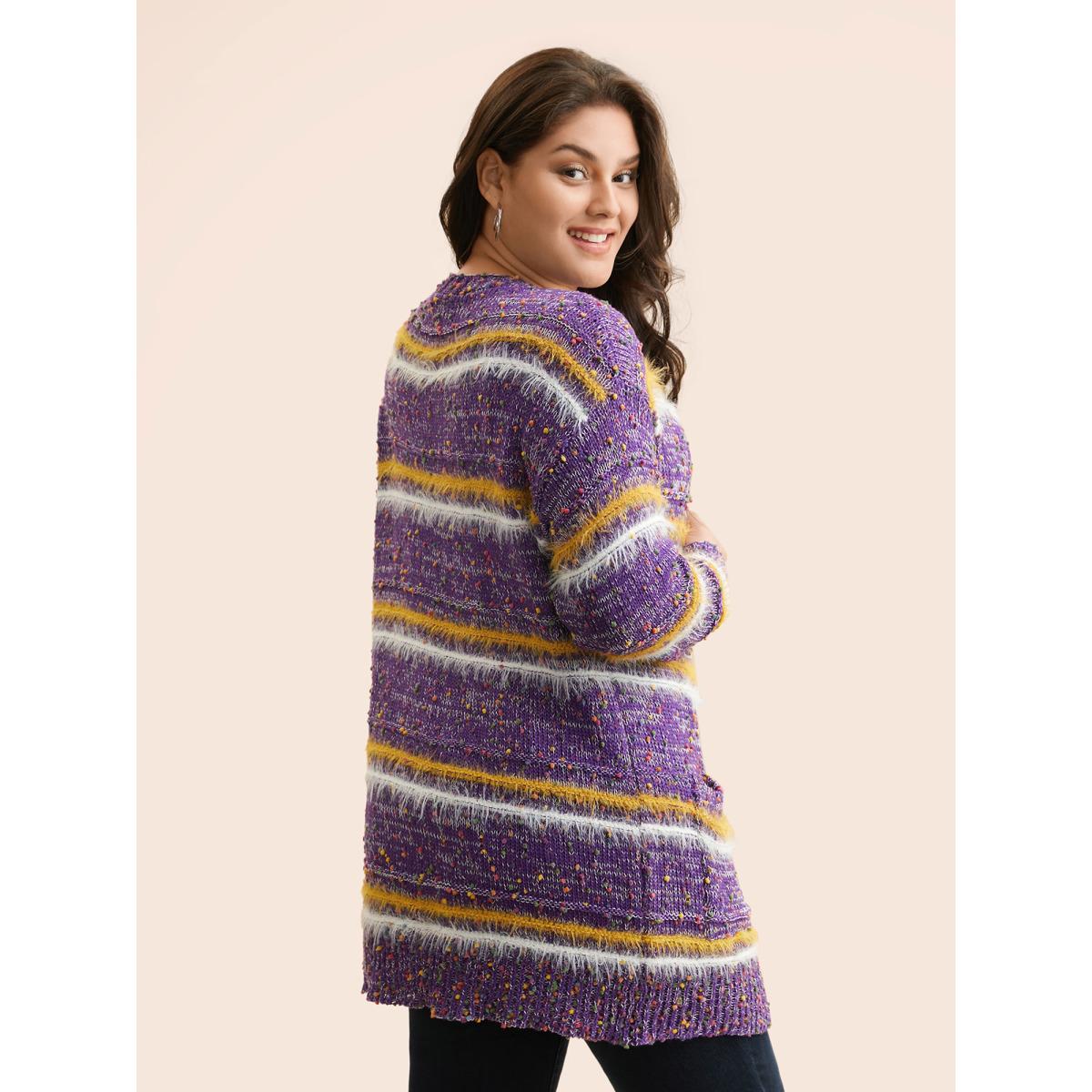 Plus Size Striped Contrast Texture Fluffy Cardigan Deeppurplered Women Casual Loose Long Sleeve Everyday Cardigans BloomChic 22-24/3X Product Image