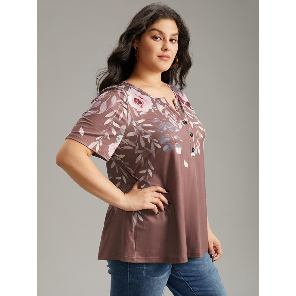 Plus Size Floral Print Notched Button Up T-shirt Multicolor Women Casual Printed Floral Open Front Dailywear T-shirts BloomChic 14-16/1X Product Image