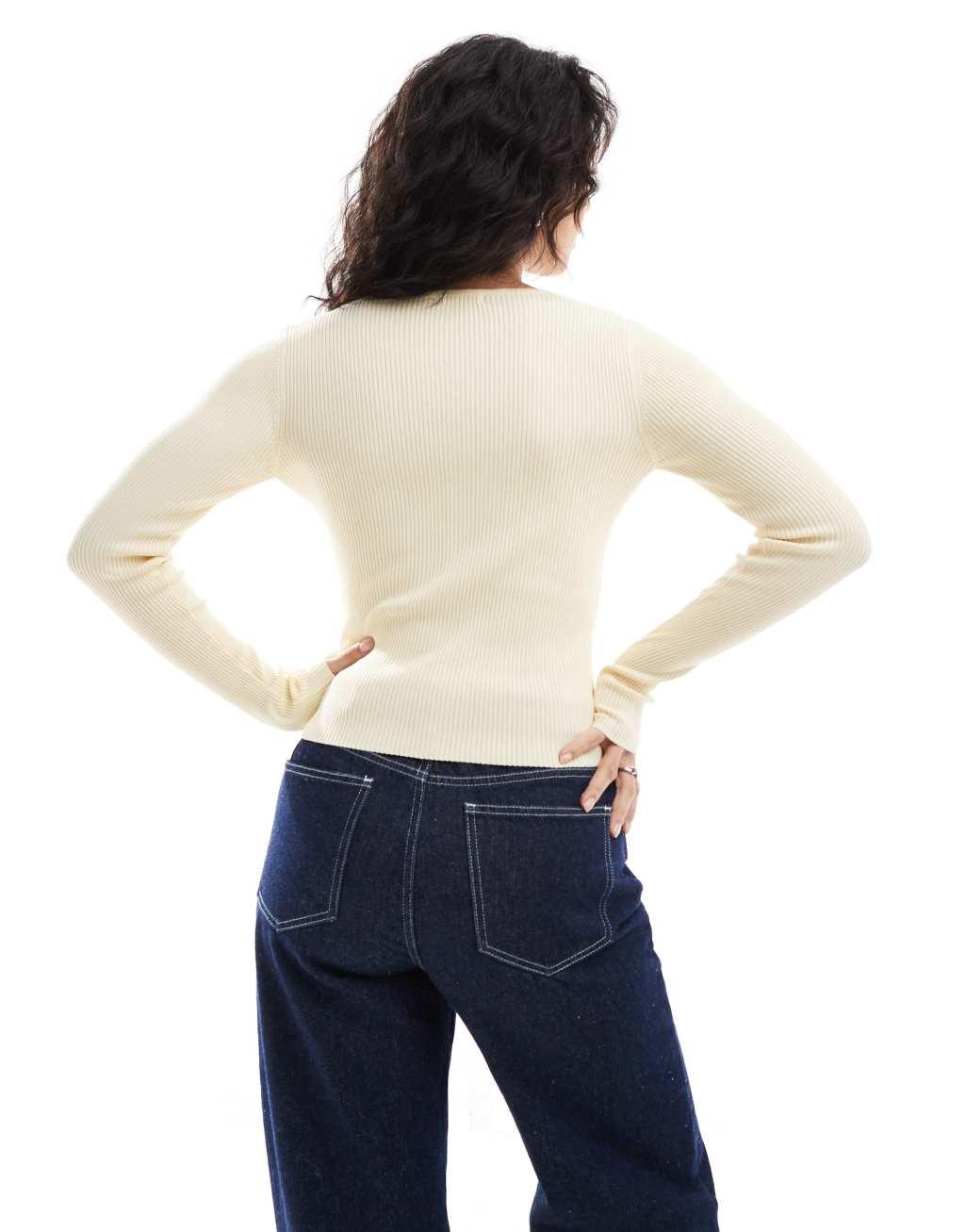 Stradivarius fitted ribbed cardigan in yellow Product Image