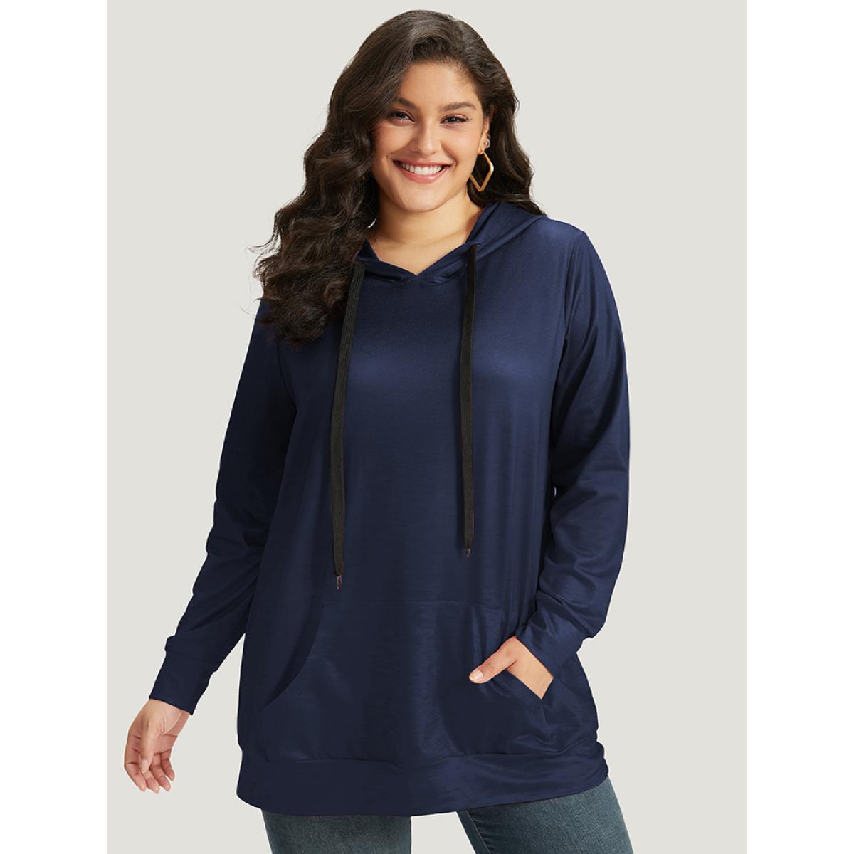 Plus Size Ombre Pocket Drawstring Hooded Sweatshirt Women DarkBlue Leisure Elastic cuffs Hooded Casual Sweatshirts BloomChic 14-16/1X Product Image