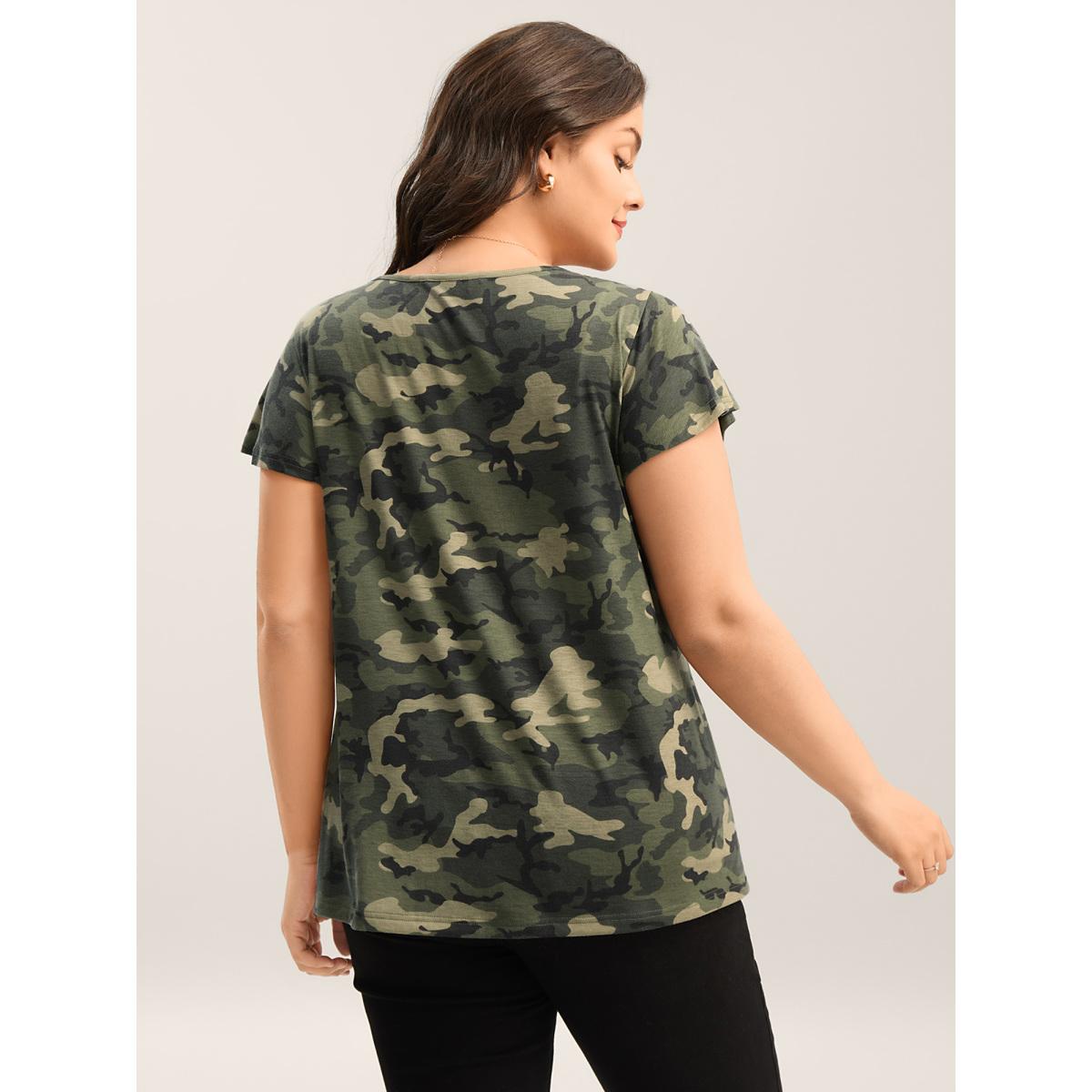 Plus Size Camouflage Print Round Neck T-Shirt Sage Women Cut-Out Round Neck Everyday-Casual T-shirts BloomChic 26/4X Product Image