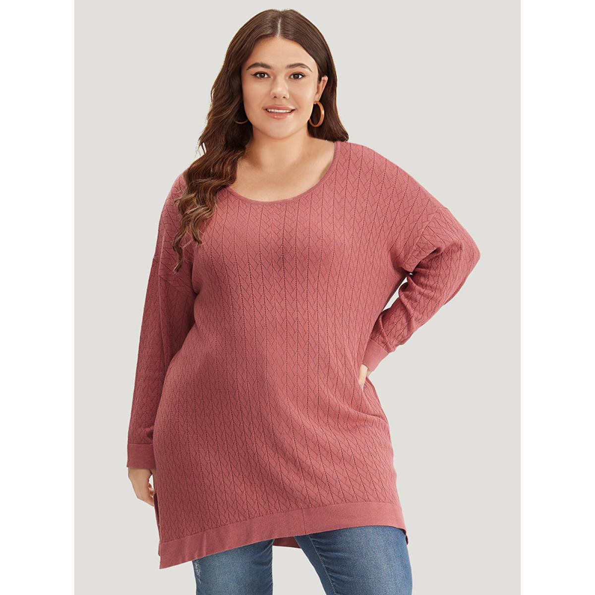 Plus Size Supersoft Essentials Geometric Split Side Loose Pullover Russet Women Casual Loose Long Sleeve Round Neck Everyday Pullovers BloomChic 26/4X Product Image