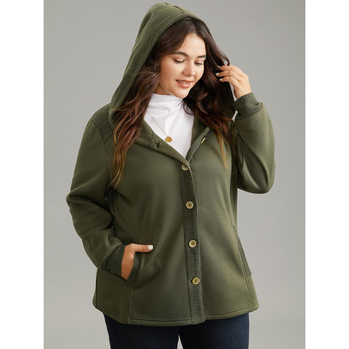 Plus Size Patchwork Rib Knit Hooded Button Up Jacket Women ArmyGreen Rib Knit Pocket Dailywear Jackets BloomChic 10/M Product Image