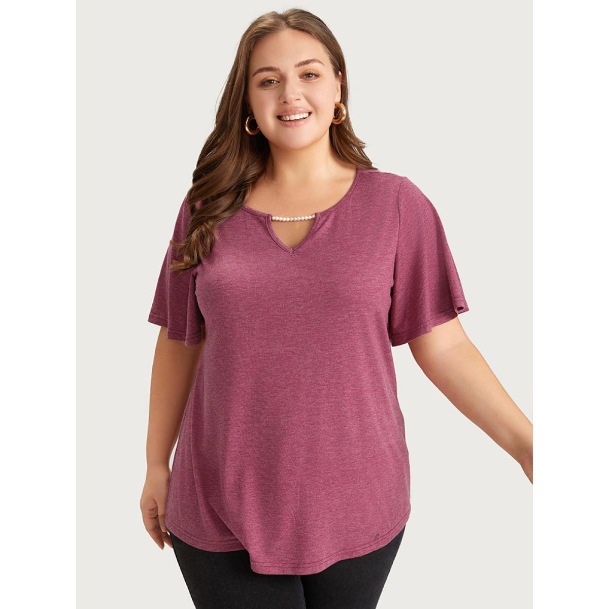 Plus Size Plain Keyhole Pearl Beaded Flutter Sleeve T-shirt RedViolet Women Elegant Cut-Out Plain Round Neck Dailywear T-shirts BloomChic 12/L Product Image