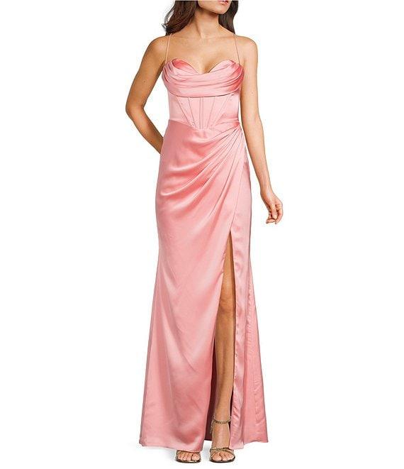 GB Social Corset Cowl Neck Lace-Up Back Slit Hem Satin Long Dress Product Image