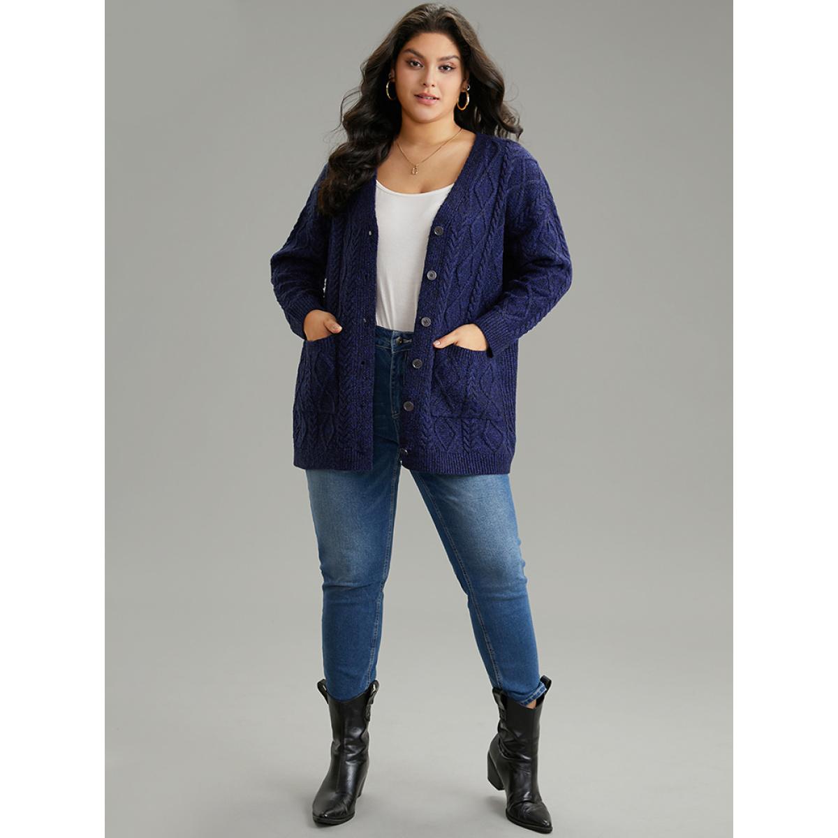 Plus Size Plain Geometric Texture Button Up Cable Knit Cardigan Midnight Women Casual Loose Long Sleeve Dailywear Cardigans BloomChic 14-16/1X Product Image