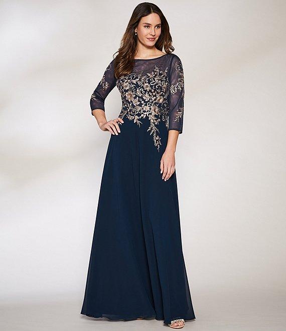Betsy & Adam Embroidered Bodice Boat Neck 3/4 Sleeve Chiffon Gown Product Image