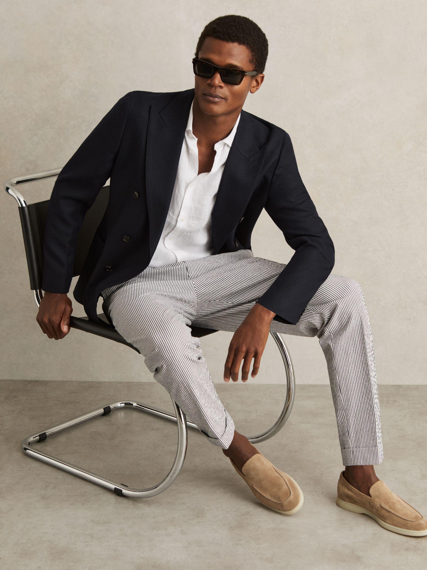 Stretch Seersucker Stripe Trousers in Navy/White Product Image