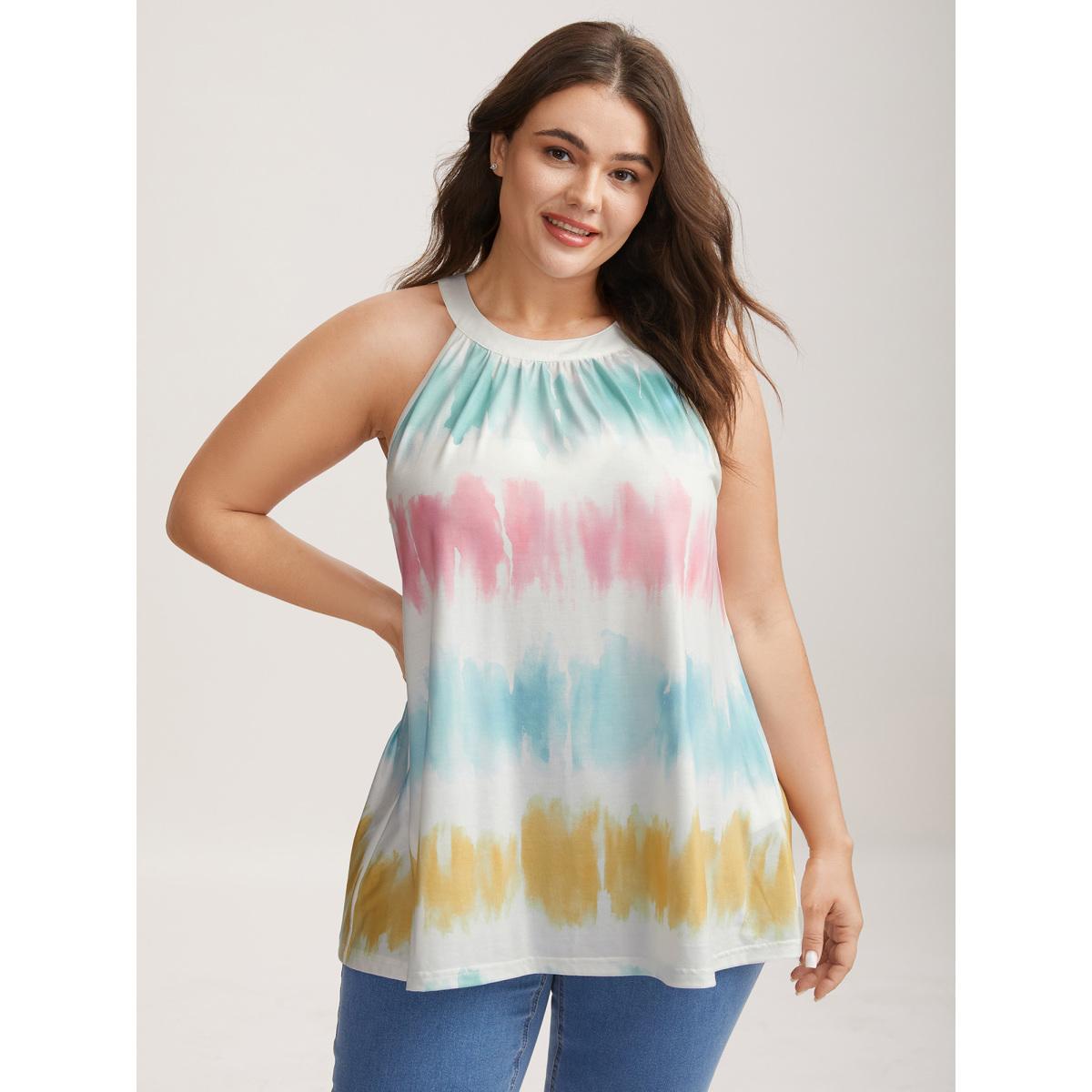 Plus Size Color Fusion Pleated Flowy Tank Top Women Multicolor Playful Gathered Round Neck Casual Tank Tops Camis BloomChic 12/L Product Image