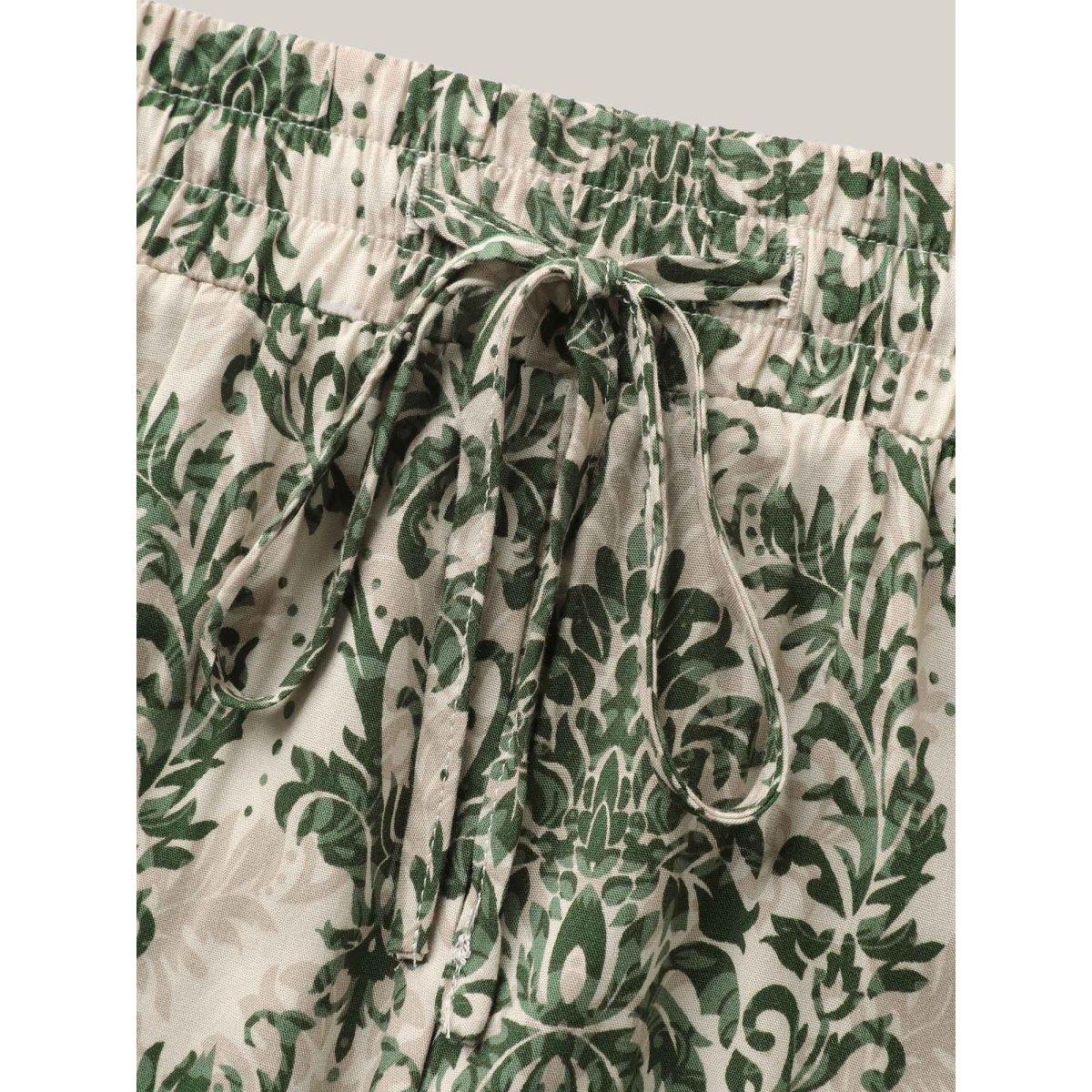 Plus Size Damask Print Straight-Leg Shorts Women LightGreen Resort Drawstring Straight Leg Vacation Shorts BloomChic 22-24/3X Product Image