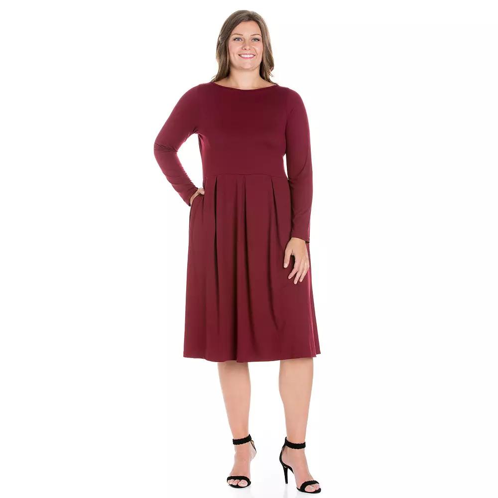 Plus Size 24seven Comfort Apparel Long Sleeve Fit and Flare Midi Dress, Women's, Size: 3XL, Red Product Image