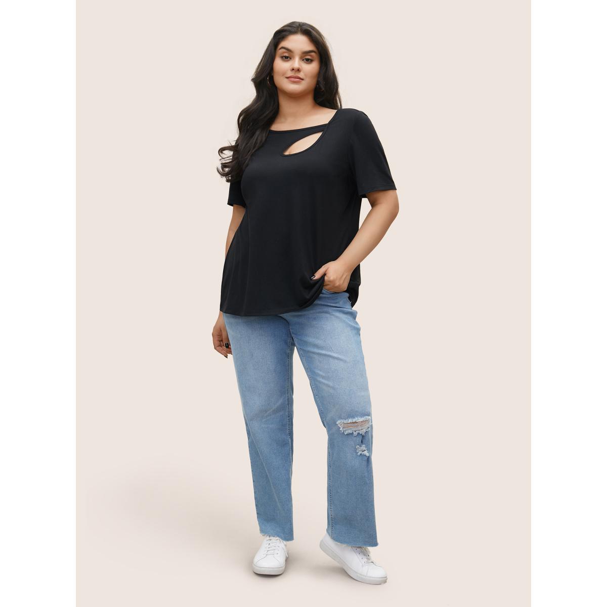 Plus Size Solid Asymmetrical Hem Cut Out T-shirt Black Women Casual Cut-Out Plain Asymmetrical Neck Everyday T-shirts BloomChic 22-24/3X Product Image