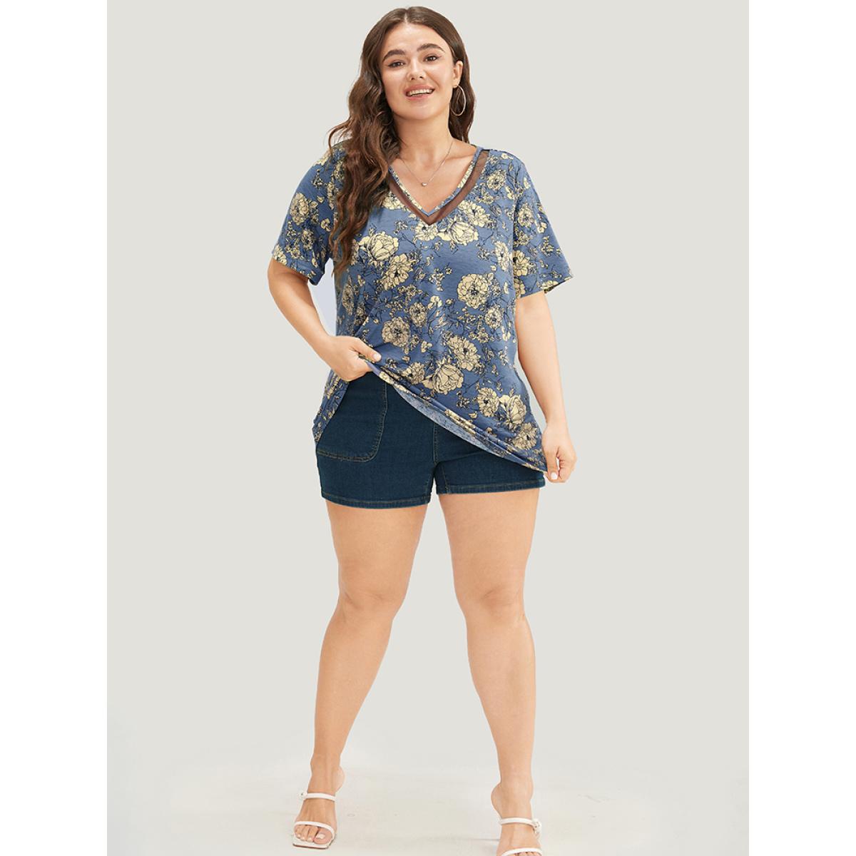 Plus Size Floral Print Mesh Insert Flutter Sleeve T-shirt Aegean Women Elegant See through Floral V-neck Dailywear T-shirts BloomChic 10/M Product Image