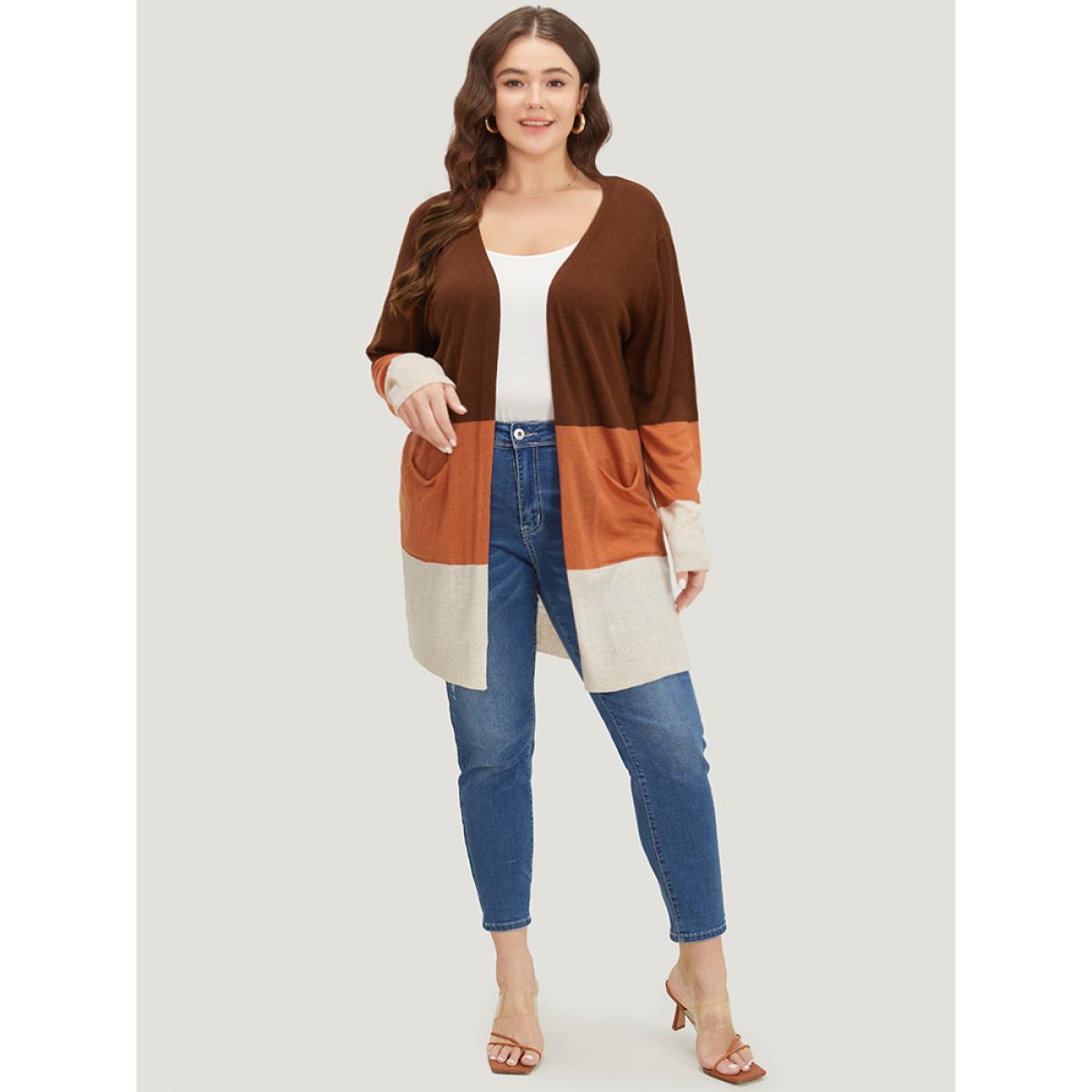 Plus Size Supersoft Essentials Colorblock Contrast Pocket Open Front Cardigan Orange Women Casual Loose Long Sleeve Everyday Cardigans BloomChic 28/5X Product Image