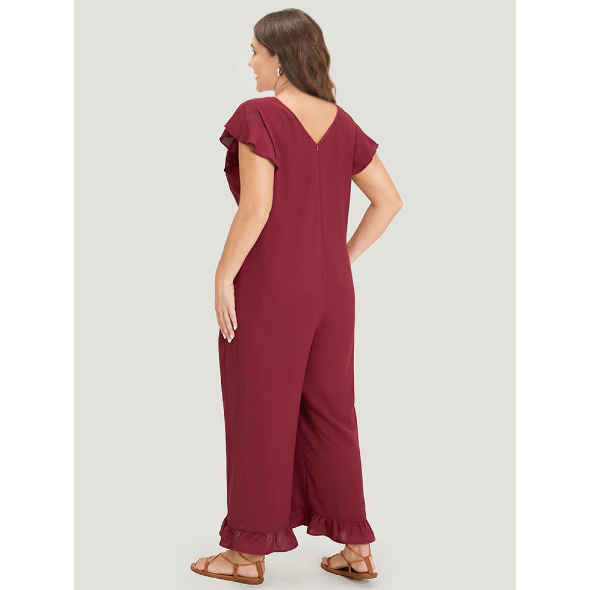 Plus Size Burgundy Plain Ruffle Cap Sleeve V Neck Zipper Jumpsuit Women Casual Cap Sleeve V-neck Dailywear Loose Jumpsuits BloomChic 18-20/2X Product Image