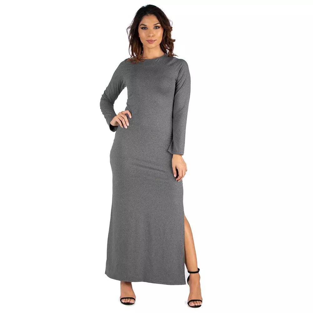 Women's 24seven Comfort Apparel Long Sleeve Side Slit Fitted Maxi Dress,  Product Image