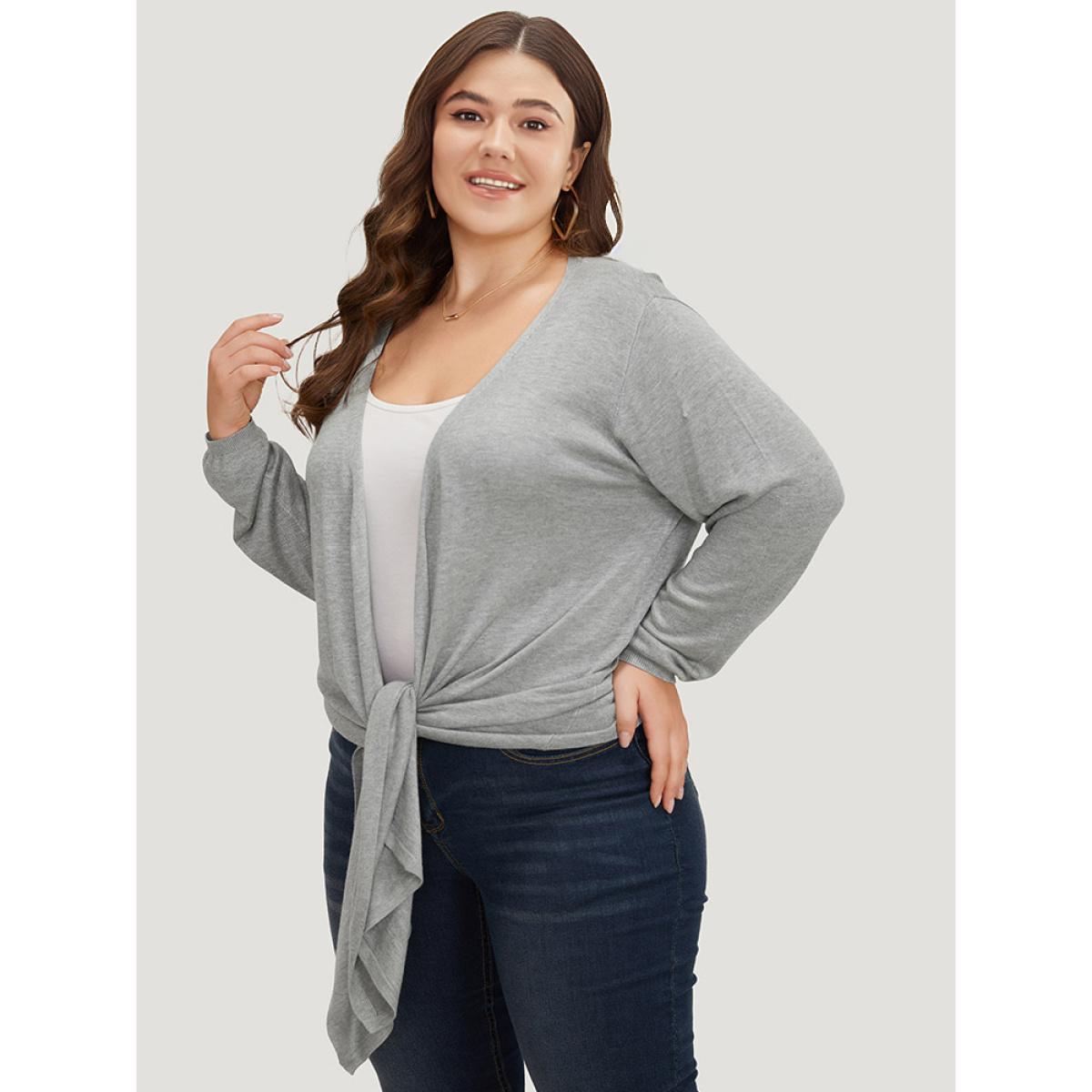 Plus Size Supersoft Essentials Plain Bowknot Front Supersoft Cardigan Gray Women Casual Loose Long Sleeve Everyday Cardigans BloomChic 12/L Product Image