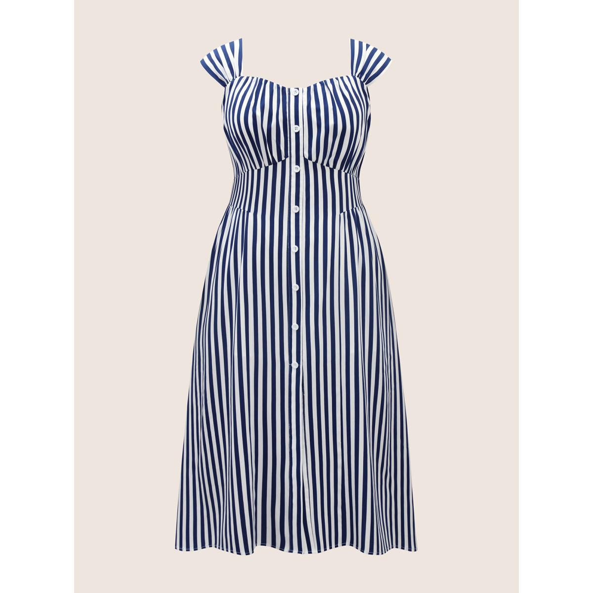 Plus Size Striped Button Detail Split Front Midi Dress Indigo Women Elegant Gathered Heart neckline Sleeveless Curvy BloomChic 26/4X Product Image