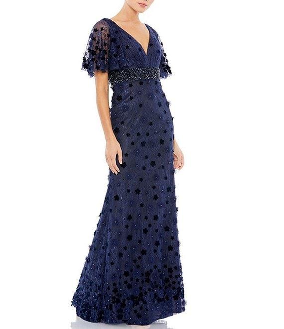 Mac Duggal V-Neck Short Flutter Sleeve Floral Pleated Cape Back Sheath Gown Product Image
