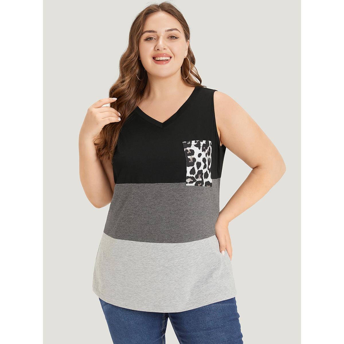Plus Size Leopard Contrast Patched Pocket Tank Top Women Multicolor Casual Contrast V-neck Dailywear Tank Tops Camis BloomChic 22-24/3X Product Image