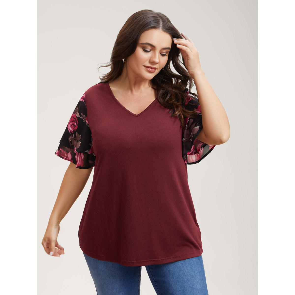 Plus Size Stretchy Floral Lotus Sleeve V-Neck T-Shirt Burgundy Women Leisure Contrast Round Neck Casual T-shirts BloomChic 22-24/3X Product Image