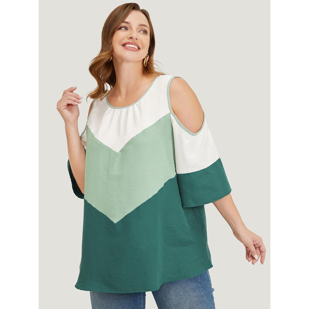 Plus Size Mint Color Block Contrast Trim Cold Shoulder Blouse Women Vacation Elbow-length sleeve Cold Shoulder Dailywear Blouses BloomChic 22-24/3X Product Image