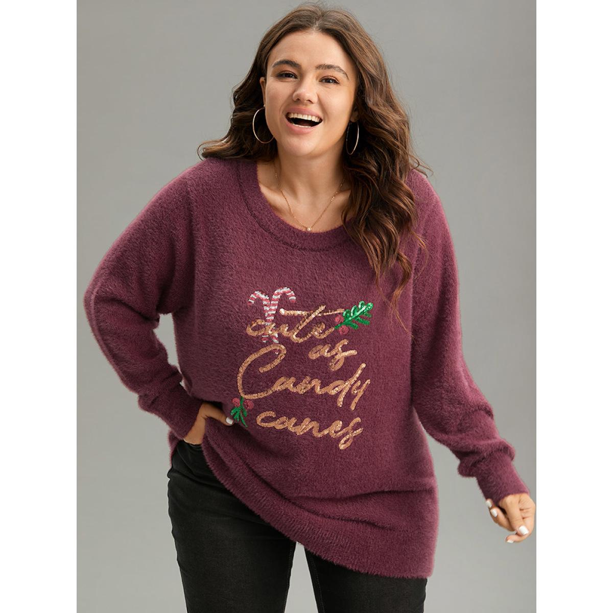 Plus Size Christmas Sequin Embroidered Fluffy Pullover Burgundy Women Casual Loose Long Sleeve Round Neck Festival-Christmas Pullovers BloomChic 12/L Product Image