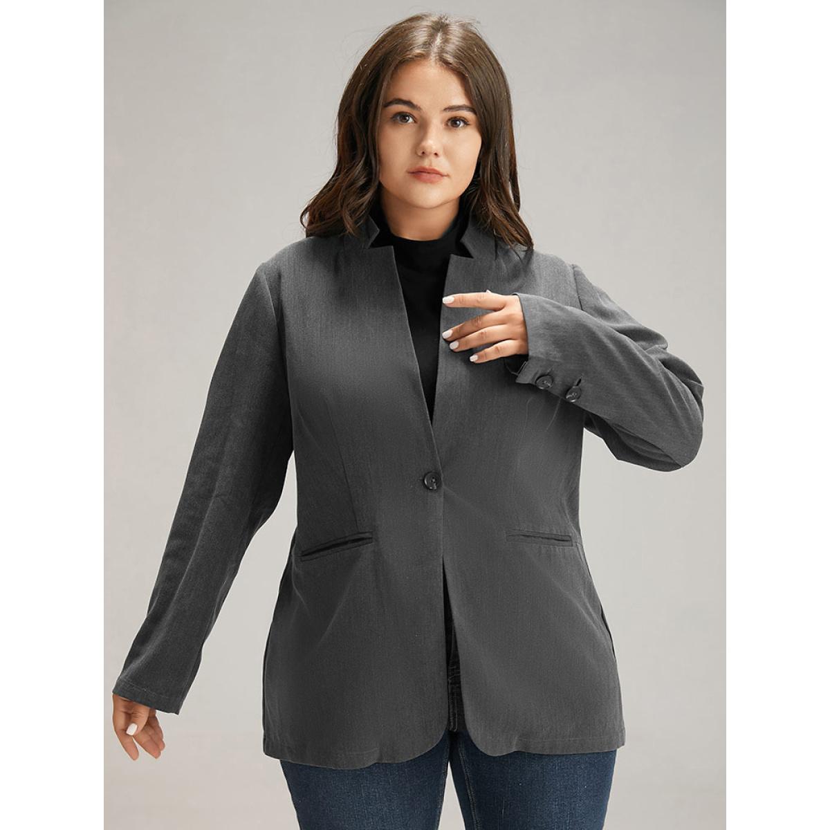 Plus Size Stand Collar Button Up Pocket Blazer Gray Women Office Plain Plain Sleeve Long Sleeve Stand-up collar 30/6X Pocket Office Blazers BloomChic Product Image