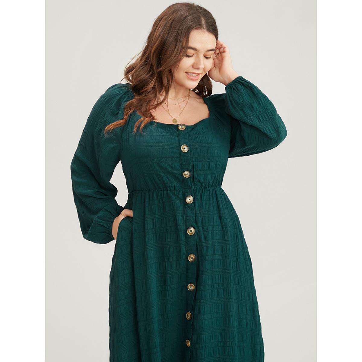 Plus Size Solid Pocket Lantern Sleeve Textured Button Up Square Neck Dress DarkGreen Women Elegant Square Neck Long Sleeve Curvy Midi Dress BloomChic 18-20/2X Product Image