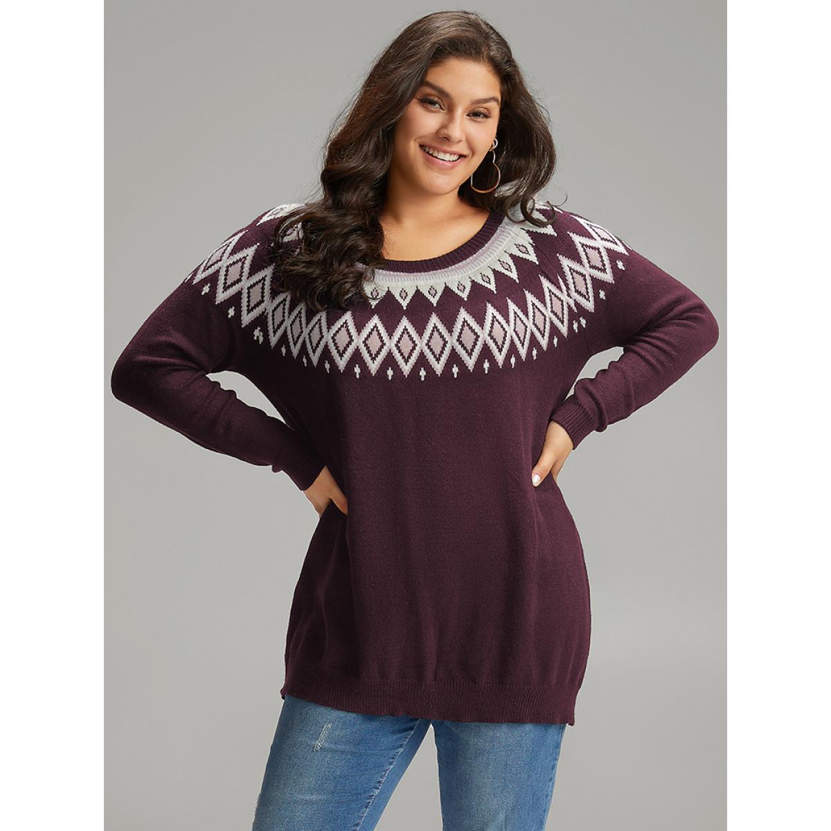 Plus Size Supersoft Essentials Geo Contrast Raglan Sleeve Pullover Eggplant Women Casual Loose Long Sleeve Round Neck Dailywear Pullovers BloomChic 14-16/1X Product Image