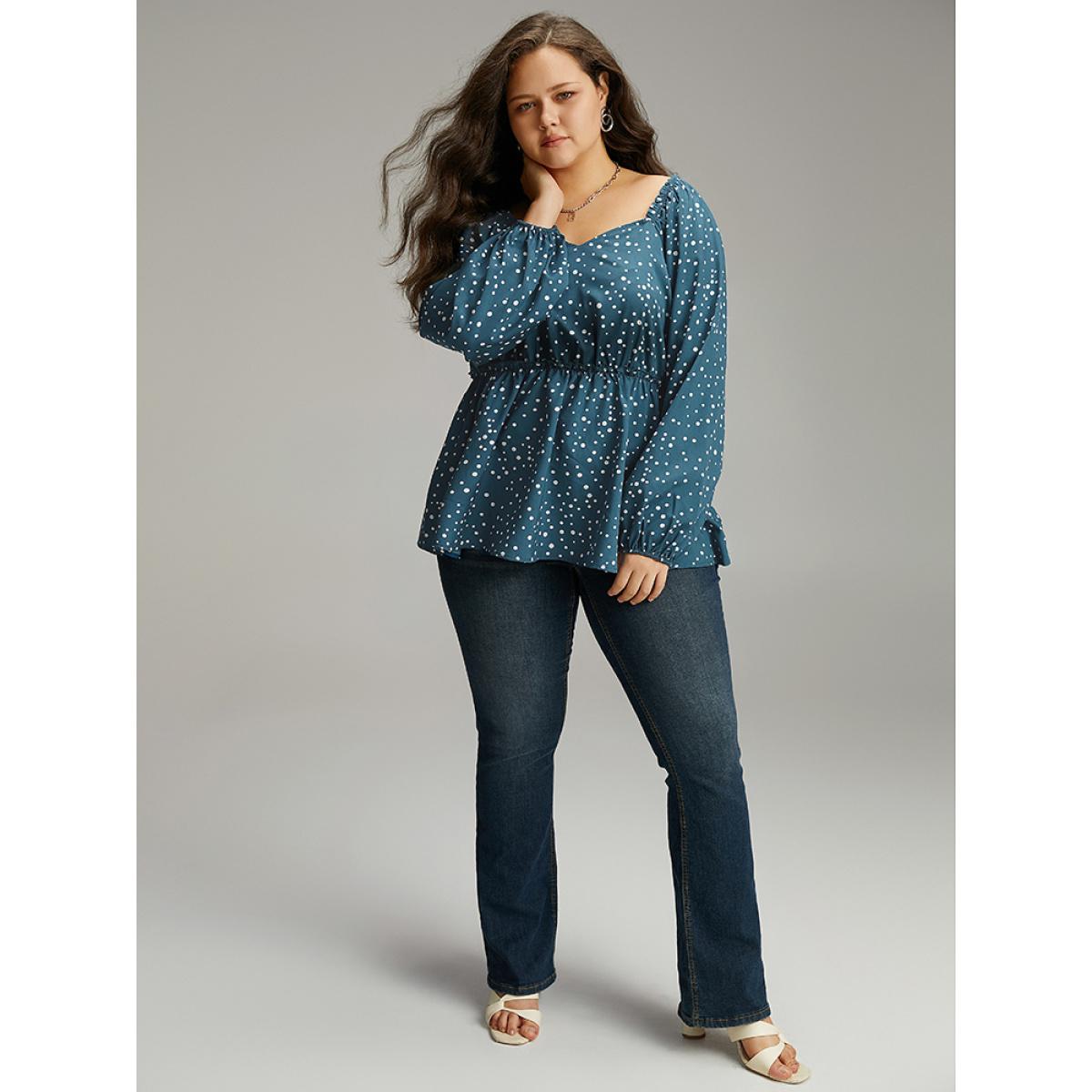 Plus Size Aegean Polka Dot Square Neck Gathered Blouse Women Elegant Long Sleeve Square Neck Everyday Blouses BloomChic 30/6X Product Image