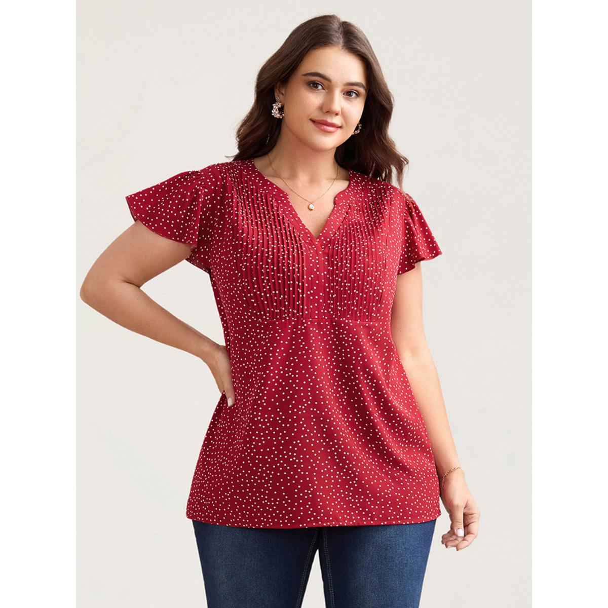 Plus Size Raspberry Polka Dot Print Toothpick Pleat Blouse Women Timeless Short sleeve Notched collar Elegant Blouses BloomChic 14-16/1X Product Image