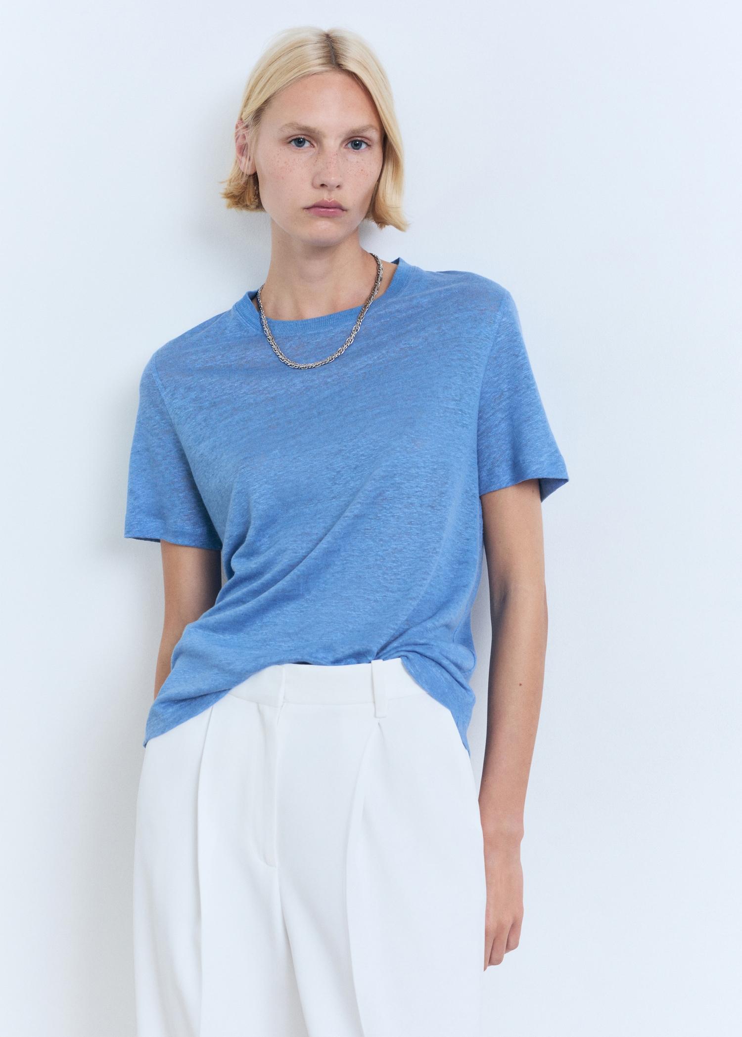 Short-sleeved linen t-shirt - Women | MANGO USA Product Image