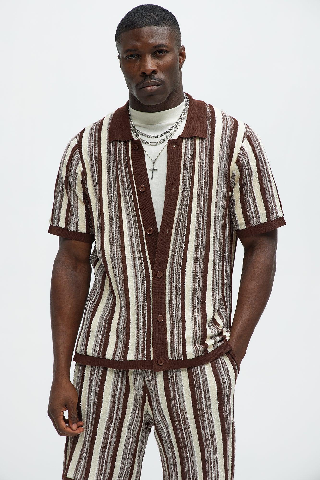 Textured Stripes Knitted Shirt - Brown Combo Product Image