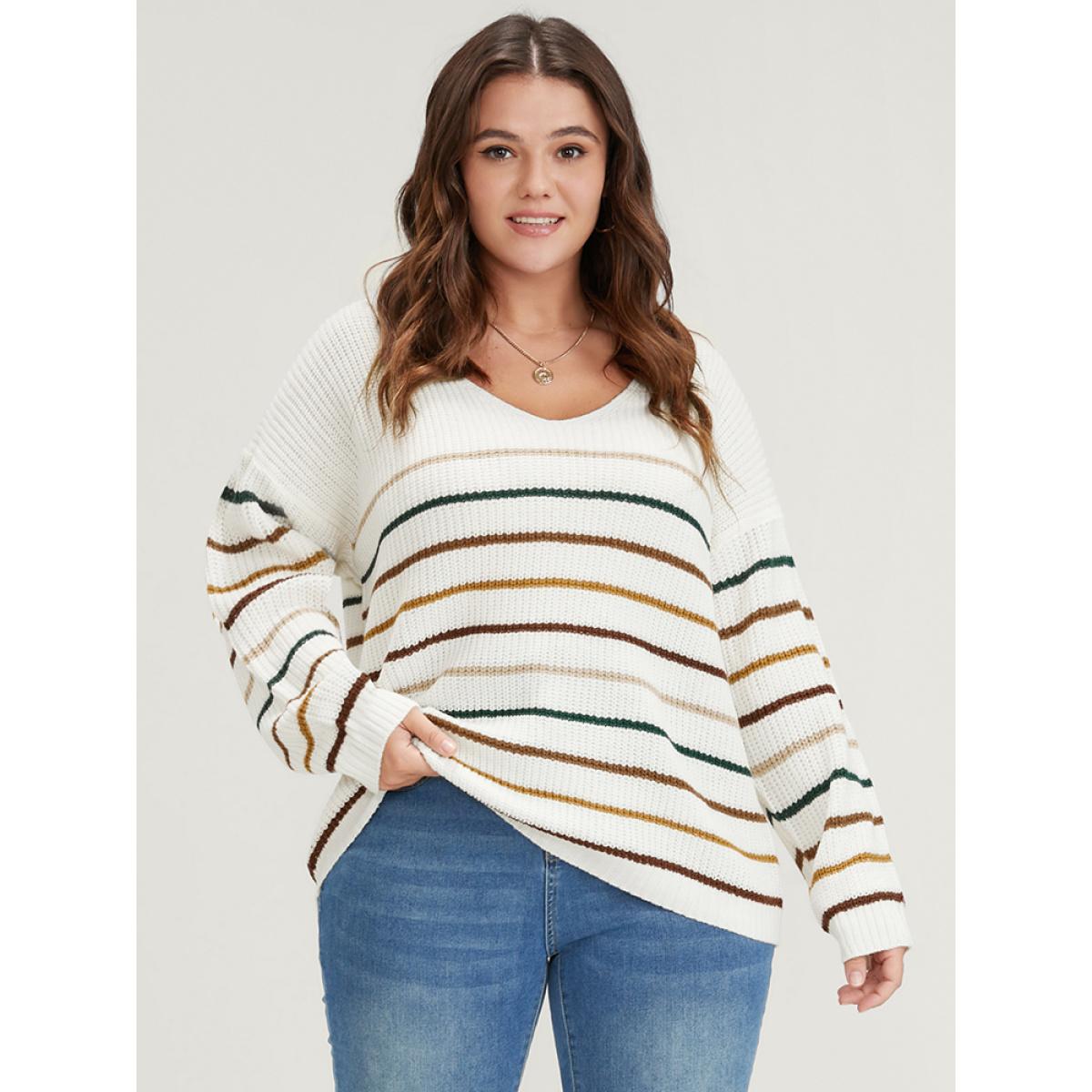 Plus Size Striped Contrast Pointelle Knit V Neck Knit Top White Women Elegant Loose Long Sleeve V-neck Dailywear Pullovers BloomChic 18-20/2X Product Image
